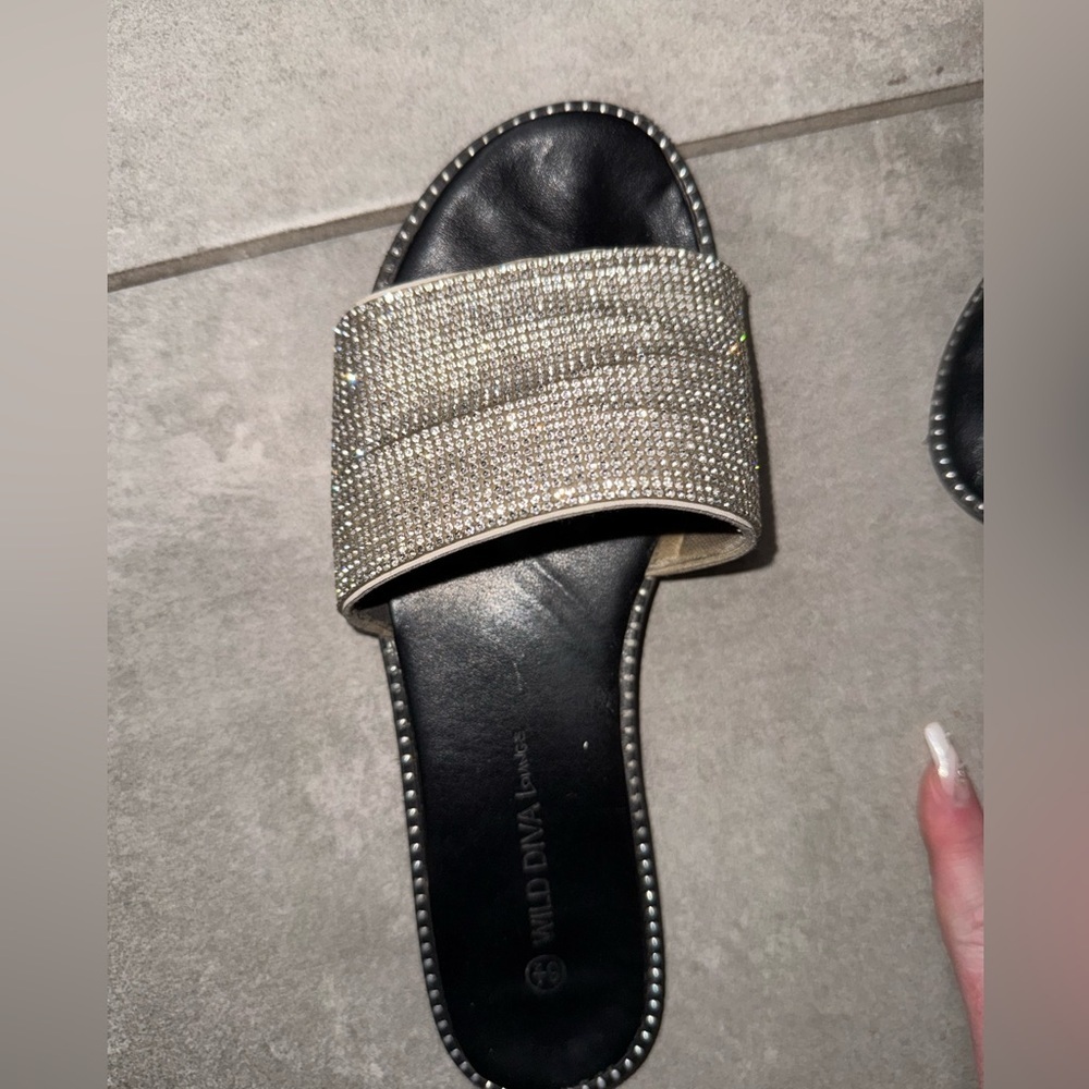 Sparkling Rhinestone Flat Slide Sandals Silver/black 6.5 - Picture 7 of 10